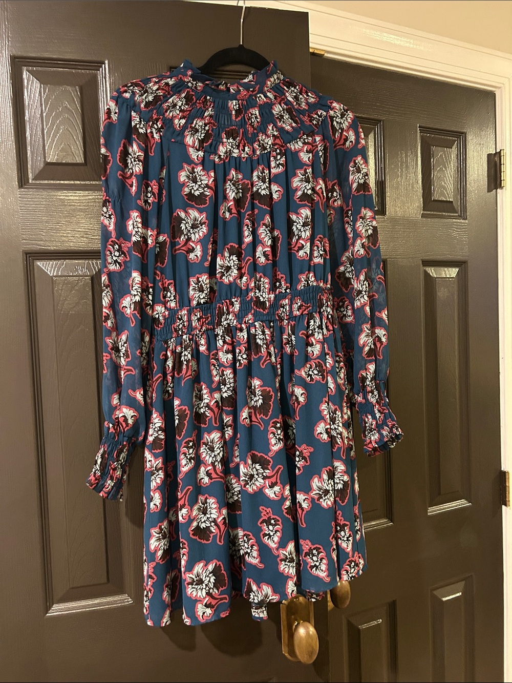 Peter Som Navy Floral Smocked Mini Dress with Pink & White Accents